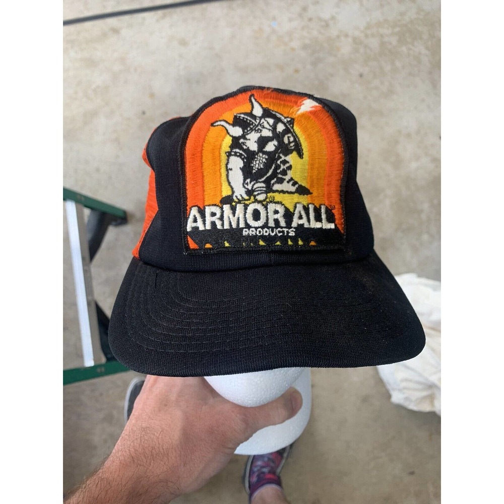 Vintage 80s Armor All Products Patch Car Promo Color Block Snapback Trucker Hat